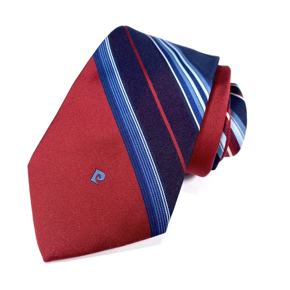 Vintage Pierre Cardin Mens Tie Blue w/ Maroon-White Stripe Design 100% Poly Logo